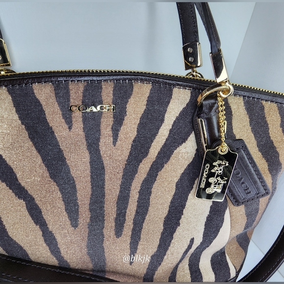 Coach Madison Kelsey Zebra Print Canvas Satchel With  Leather Trim *Brown* - Picture 7 of 16